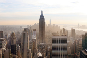 New York City skyline with urban skyscrapers at sunset.